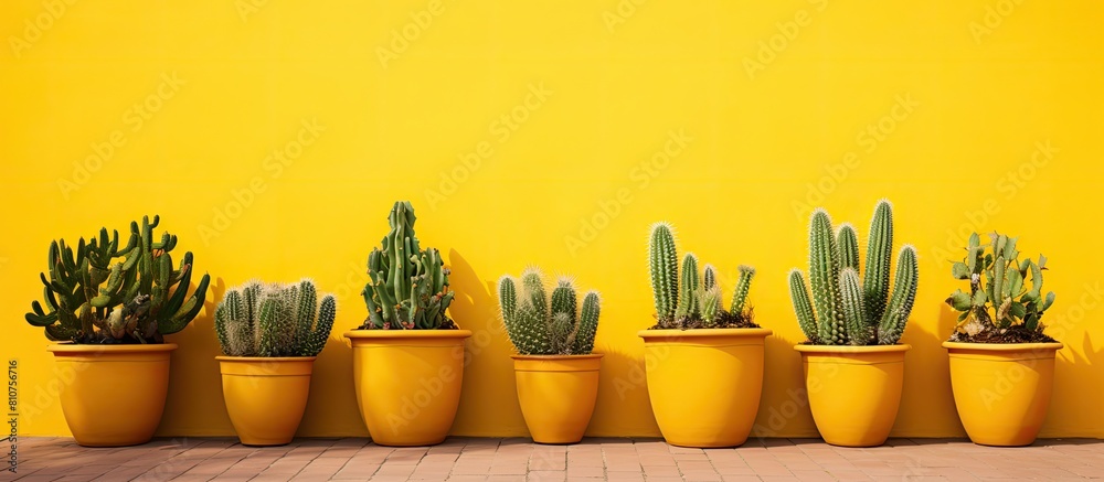 Poster a yellow wall is adorned with large potted cacti. creative banner. copyspace image