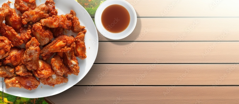 Poster copy space image of fried sun dried pork and green cabbage leaves arranged in a white plate accompan