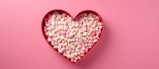 A close up shot of a wooden heart shaped box of popcorn on a pink background viewed from the top with copy space
