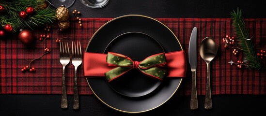 A festive Christmas menu showcased with Xmas decorations set against dark plates and accompanied by a fork and knife set wrapped in a napkin Ample copy space is available in the image