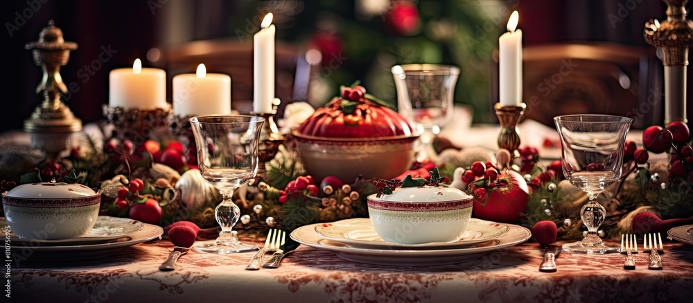 Poster the christmas table place setting is picture perfect with all the necessary elements arranged beauti