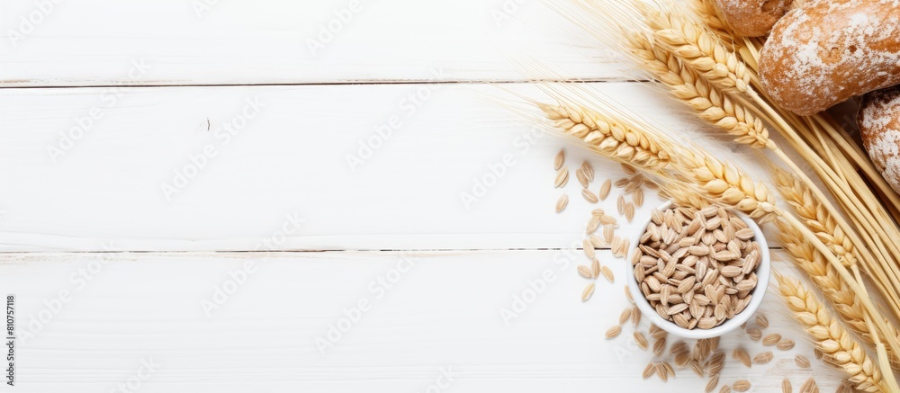 Poster the top view copy space image showcases a background of cereals including raw oatmeal and sprigs of 
