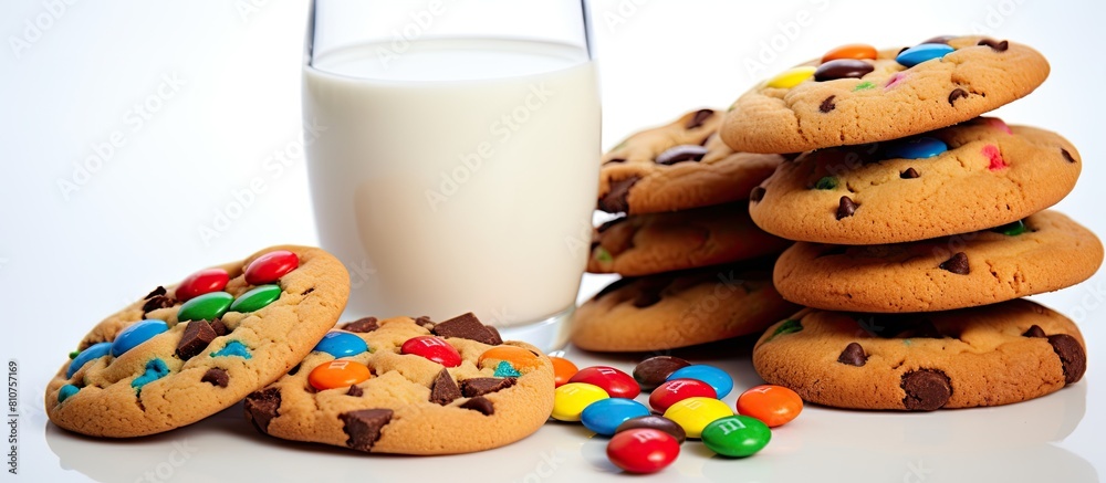 Poster a variety of multicolored cookies adorn a white background accompanied by chocolate chips and vibran