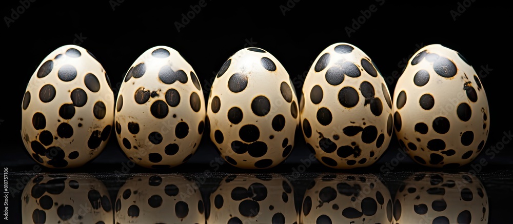 Poster Closeup image of eight quail eggs arranged in a flower shape against a black background providing ample copy space