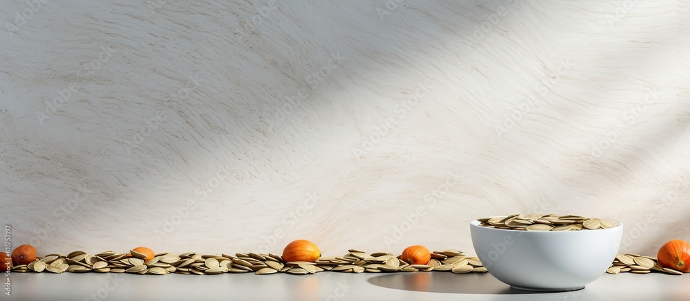 Poster A white bowl filled with pumpkin seeds is placed on a terrazzo countertop leaving empty space for additional content in the image