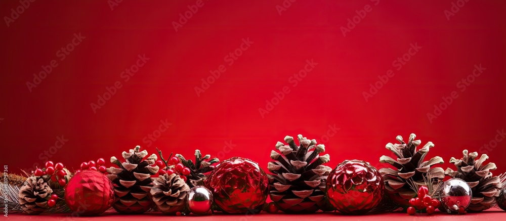 Poster a festive arrangement of pine cones and christmas ornaments displayed on a vibrant red background pe
