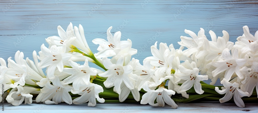 Poster white hyacinths in a bouquet placed on a weathered wood background create a visually captivating cop