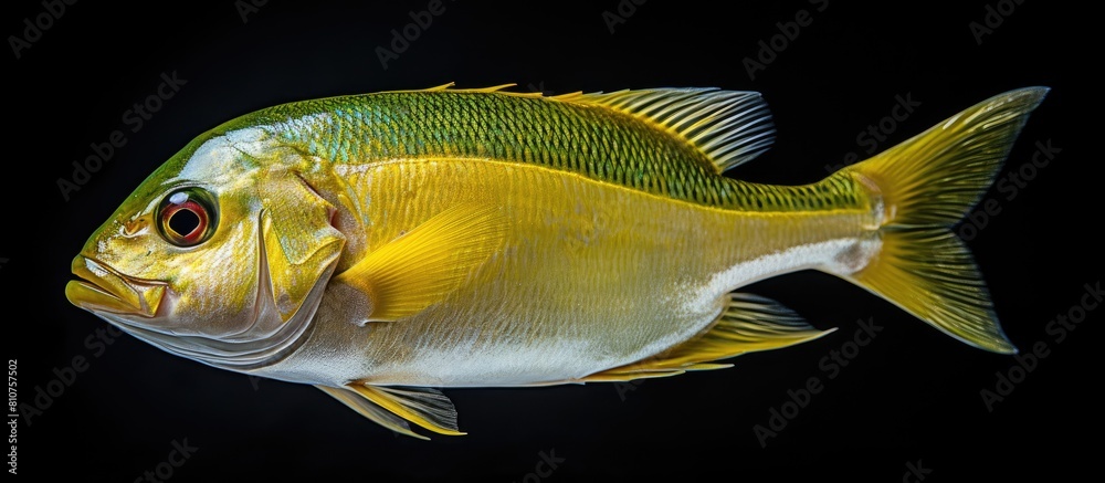 Poster a close up top view of a fresh dorado fish against a black background with ample copy space for cust