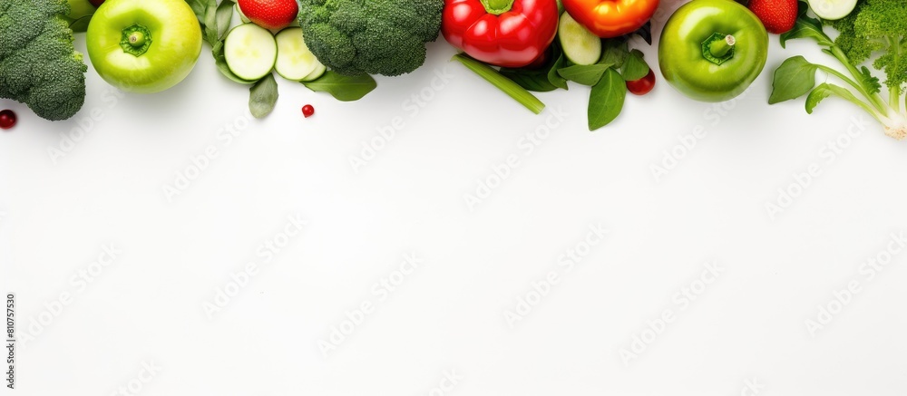 Poster Copy space image of a top view of a vibrant arrangement of green vegetables like bell peppers cucumbers and arugula salad accompanied by a fresh apple on a white background