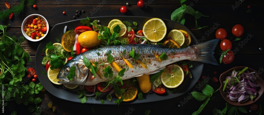 Canvas Prints Copy space image of a top view of a healthy dish featuring dorado a raw fish stuffed with nutritious vegetables