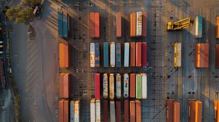 Aerial View of a Busy Container Logistic Center with Trucks and Cranes
