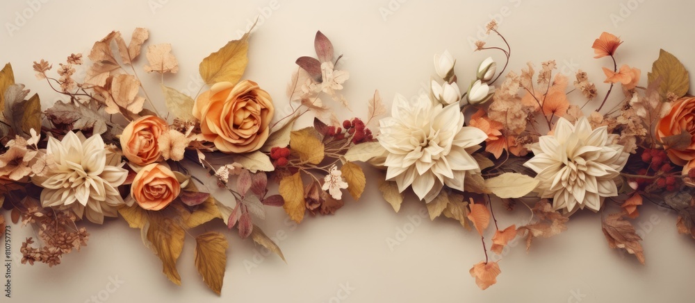 Aufkleber a stunning autumn arrangement of flowers and leaves beautifully arranged in the garden captured from