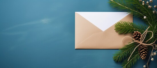 A winter holidays card featuring a mockup of an envelope adorned with a gift box and evergreen branches set against a blue paper background perfect for showcasing copy space images