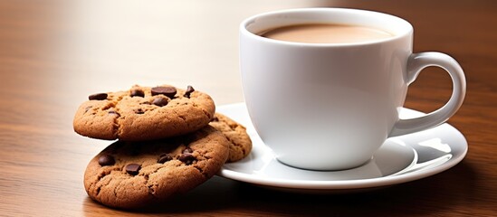 A coffee filled white cup is accompanied by a delectable chocolate cookie with space available for additional imagery