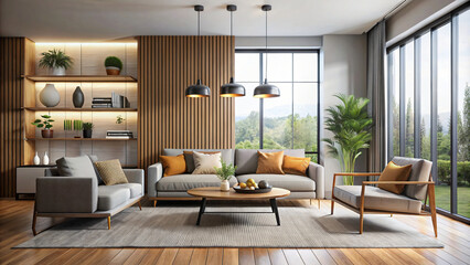 Spacious living room featuring a comfortable sofa and stylish furniture in a modern design