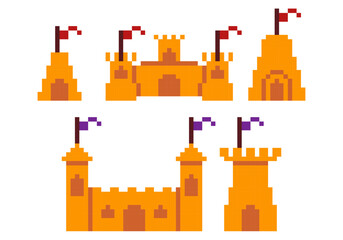 Set of pixel sand castles on white background. Pixel art, 8 bit style. vector illustration 