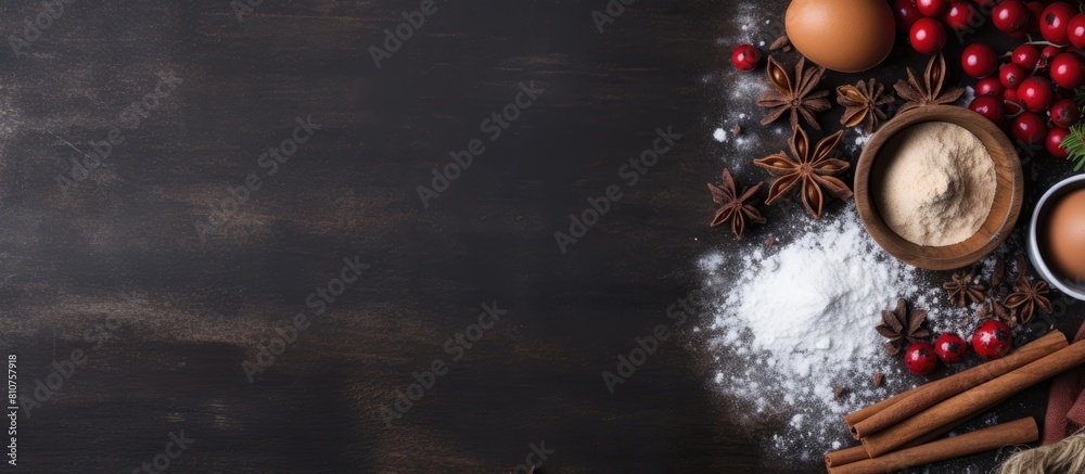 Aufkleber A top down view of the ingredients needed to prepare Christmas baking shown with empty space for text or visuals. Creative banner. Copyspace image