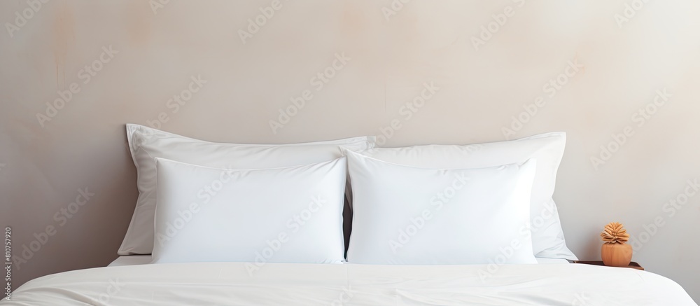 Poster A white bed sheet and pillows are set against a clean interior background featuring a wallpaper pattern picture with empty space for copy or text. Creative banner. Copyspace image