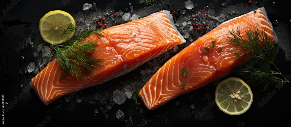 Poster An overhead shot of two salmon slices on a dark backdrop with lemon slices peppercorns and dill sprigs providing copy space image