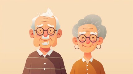 Illustration for World Elder Abuse Awareness Day featuring cheerful and smiling senior couple icons depicting a happy elderly man and woman in a cartoon character style as Grandpa and Grand