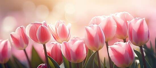 Fototapeta premium A close up image of pink tulips in a sunny garden with space for text. Creative banner. Copyspace image