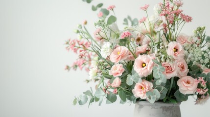 Obraz premium A beautiful floral arrangement in a gray vase. consisting of beautiful pink flowers, soft Eucalyptus leaves, and lush green foliage on a white background. front view.