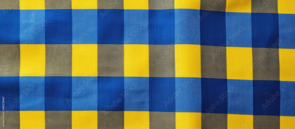 Aufkleber there is an empty background with a checkered fabric material in blue and yellow the copy space imag
