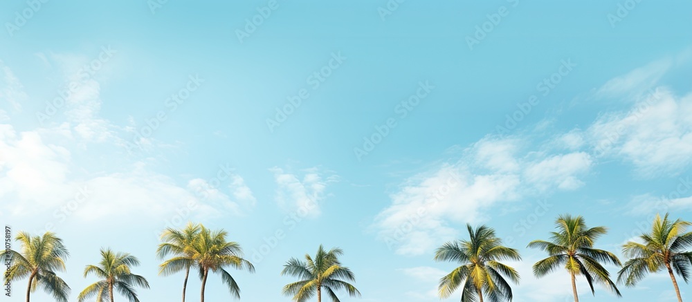 Poster a scenic view of palm tree crowns set against a serene sky with fluffy white clouds perfect for a co