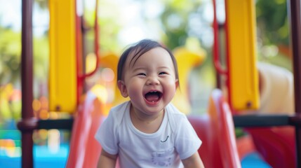 Happy Child Riding a Playground Slide Fictional Character Created By Generative AI. 