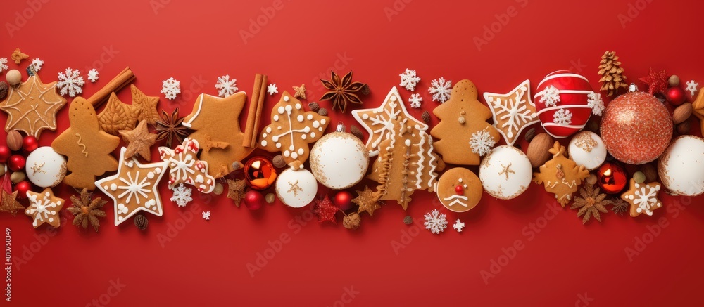 Poster a festive arrangement featuring delicious christmas cookies a cookie cutter and decorative balls aga