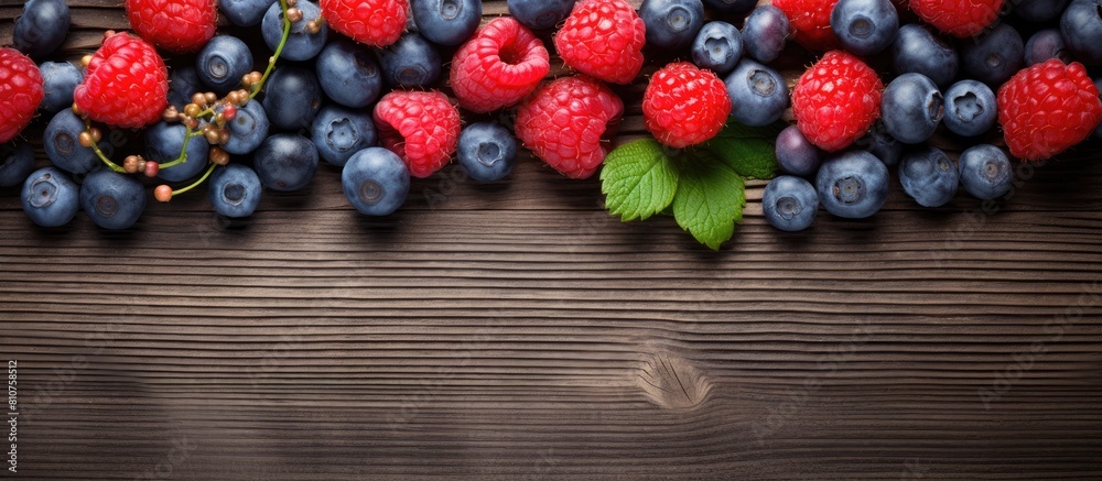 Aufkleber A rustic wooden background serves as the backdrop for a charming arrangement of fresh berries including blueberries and raspberries creating a visually appealing copy space image