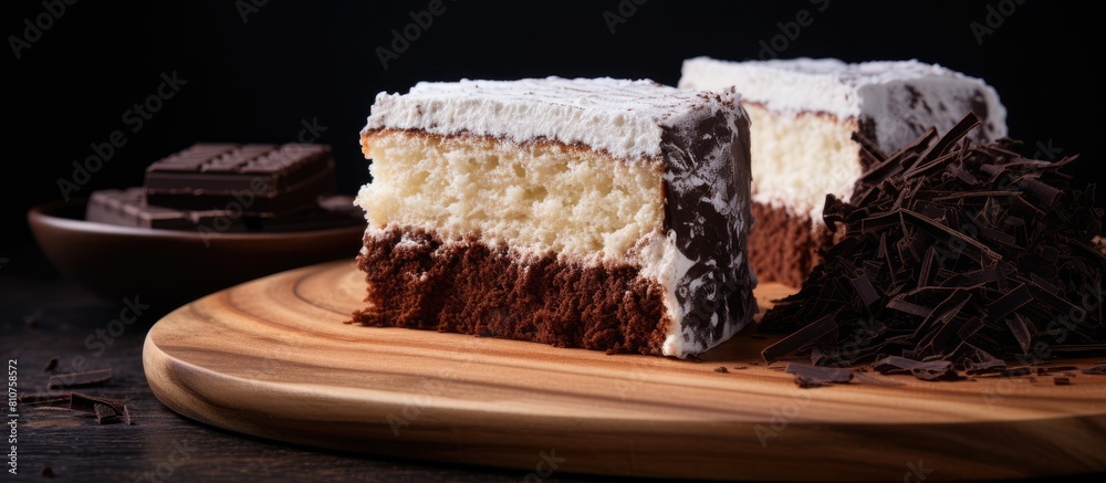 Aufkleber a copy space image featuring layers of vanilla and chocolate cotton cake slices displayed on a woode