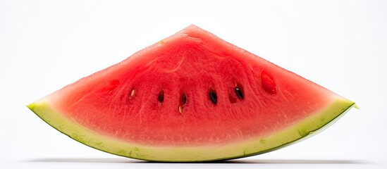 A ripe juicy watermelon cut in half supported by a white background creates a close up copy space image showcasing organic farm products and seasonal food