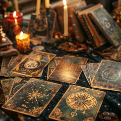 vintage vintage style deck of tarot cards. magical predictions of the future, mysterious characters. AI generated	
