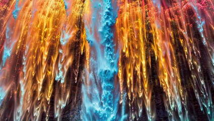 An otherworldly, fiery digital artwork depicting chaotic energy streams and organic matter forms in warm and cool tones, creating a captivating contrast of natural and technological elements.