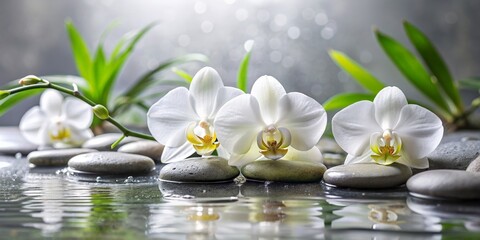 Spa concept with white orchids, zen stones and water drops. AI generated