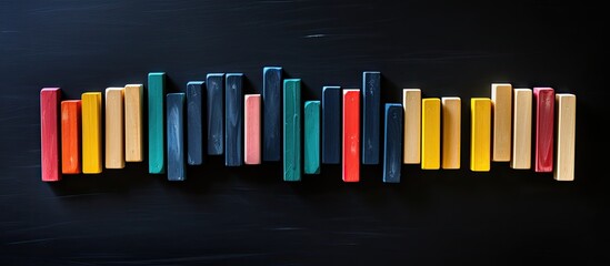 Mathematical concepts represented by colorful wooden rectangles called math cuisenaire rods with a white chalk hand drawing on a black chalkboard as a copy space image