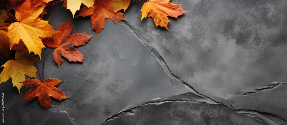 Aufkleber Fall nature background with a copy space image featuring maple leaves in shades of orange and yellow on a gray slate tile