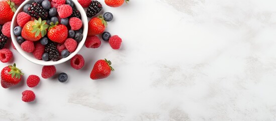 A bowl filled with cereals and red berries is seen from a top perspective placed on a white marble table The image is horizontal and includes copy space - Powered by Adobe