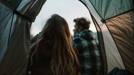 Young couple man and woman in a tent on vacation. Vacation in nature. Camping holidays - obrazy, fototapety, plakaty