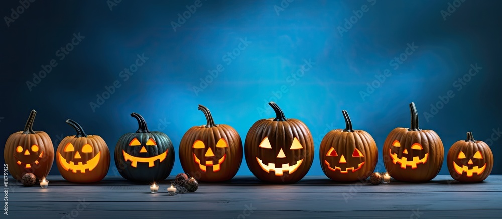 Poster close up of carved pumpkins on a table over a blue background representing the holidays halloween an