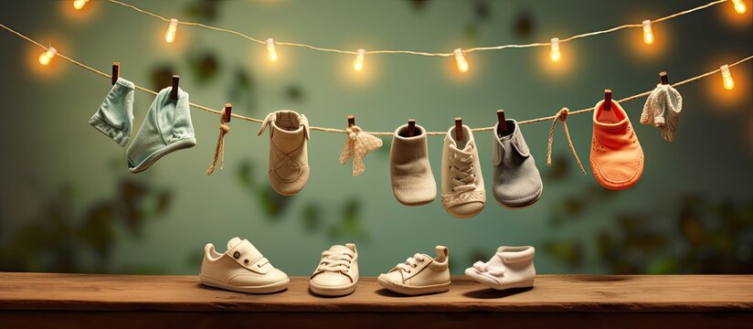 Copy space image with baby shoes and a photo hanging on a wooden clothesline backdrop