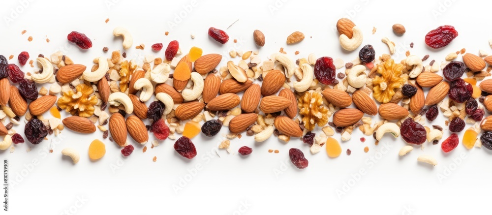 Aufkleber top view of a homemade granola with a variety of nuts and seeds spread on a baking sheet perfect as 