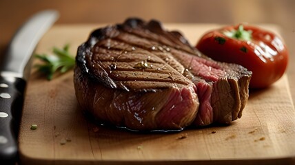 : A perfectly grilled steak resting on a wooden cutting board, juices glistening - obrazy, fototapety, plakaty