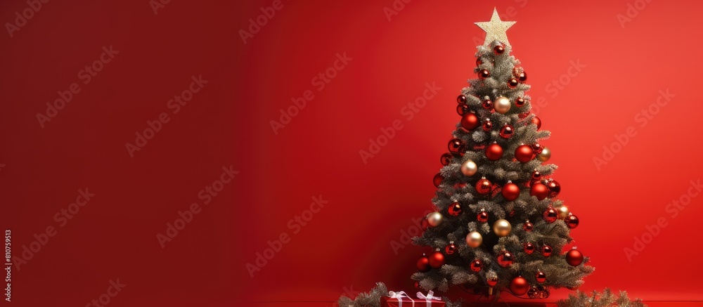 Poster Horizontal shot of a stunning Christmas tree set against a vibrant red background providing ample copy space for text or graphics