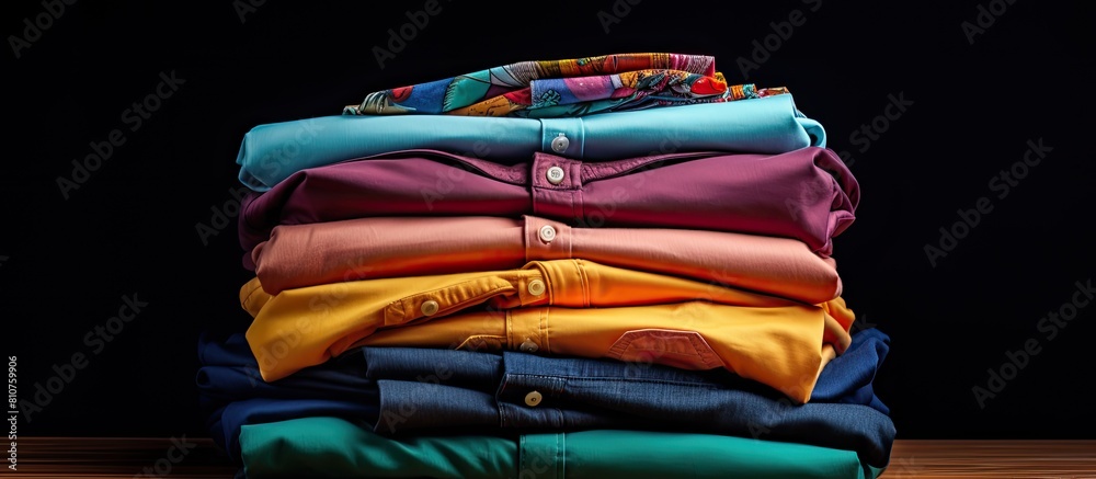 Aufkleber A stack of various shirts is placed on a black table leaving ample space for adding text