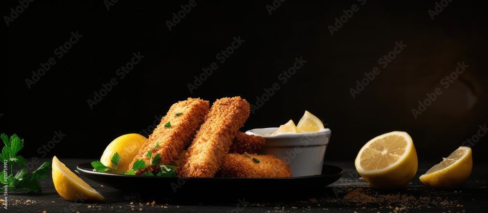 Aufkleber A close up view of fresh fish fingers coated in breadcrumbs served with sauce and a slice of lemon on a grey table providing ample copy space for the image