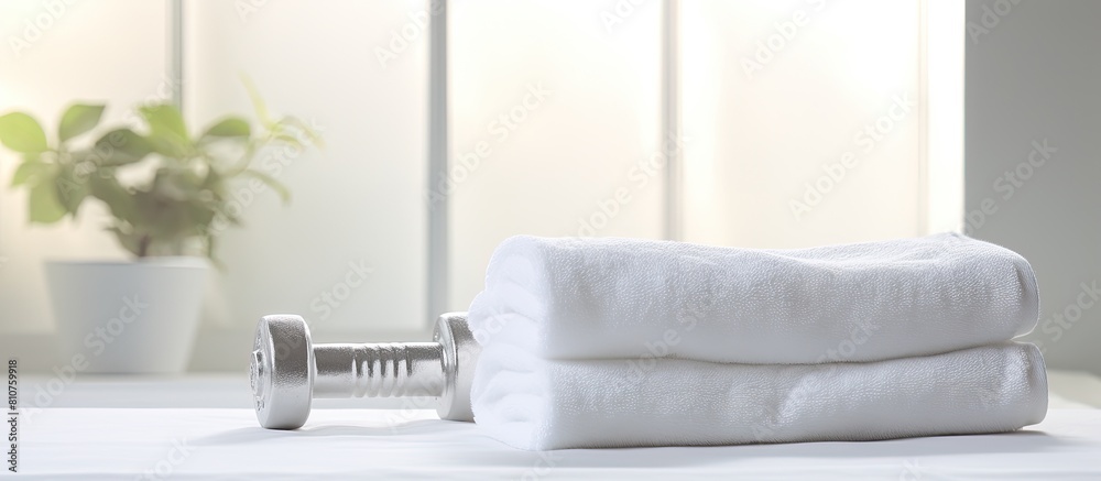 Poster an image illustrating the concept of a healthy lifestyle featuring a silver dumbbell and a white tow