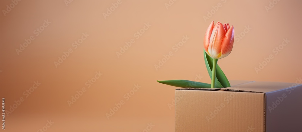 Aufkleber A spring fresh tulip adorns a carton with a cardboard box providing an image with ample empty space