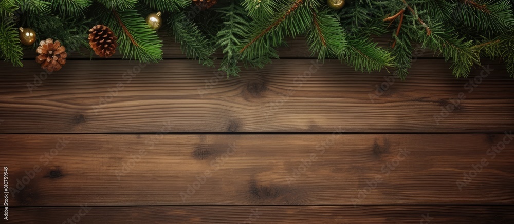 Fototapete A festive Christmas themed image featuring a wood texture backdrop with a square frame at the top showcasing a beautiful fir tree 152 characters. Creative banner. Copyspace image